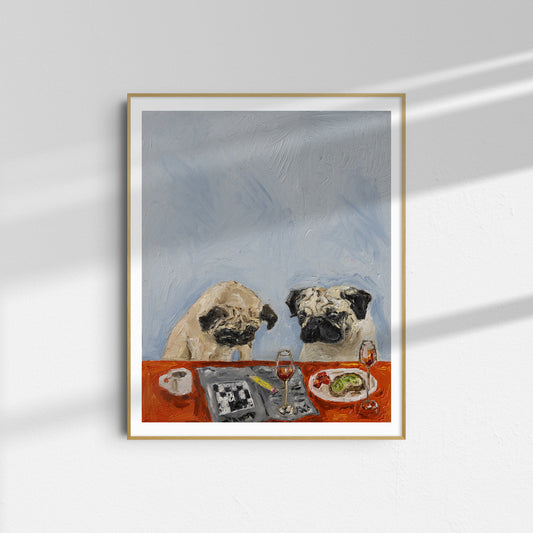 Morning Conundrum B-Grade Print" by Leah Boyd is an 11x14 framed artwork of two pugs at a red table with food, set against a blue-gray background, printed on premium cotton rag.
