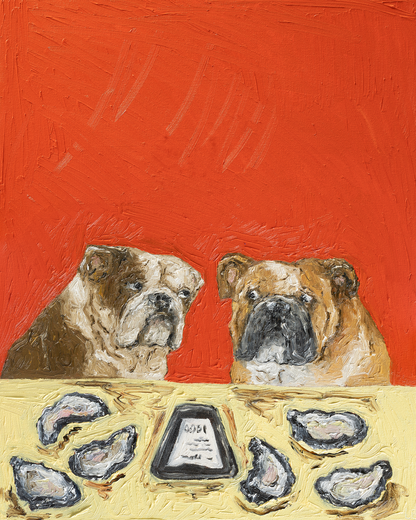 Two bulldogs sit at a table with oyster shells and a smartphone in front of them, set against a vibrant vermillion canvas, in an original oil painting style inspired by Leah Boyd's "$1 Oysters Ended at 6.