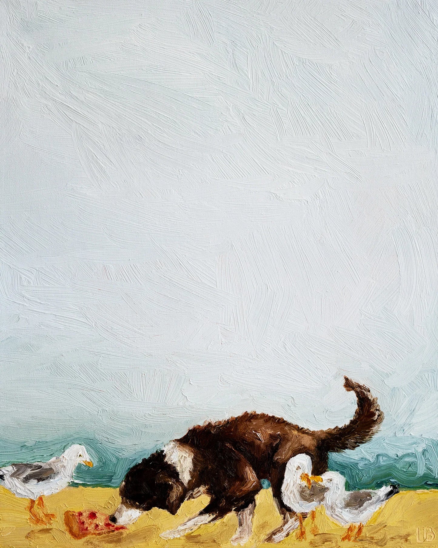 A black and white dog and three seagulls gather on a sandy beach beneath a pale blue sky in "Beach Day" by Leah Boyd, an original oil painting that captures the lively charm of the seaside. Paint application is thick and textural.