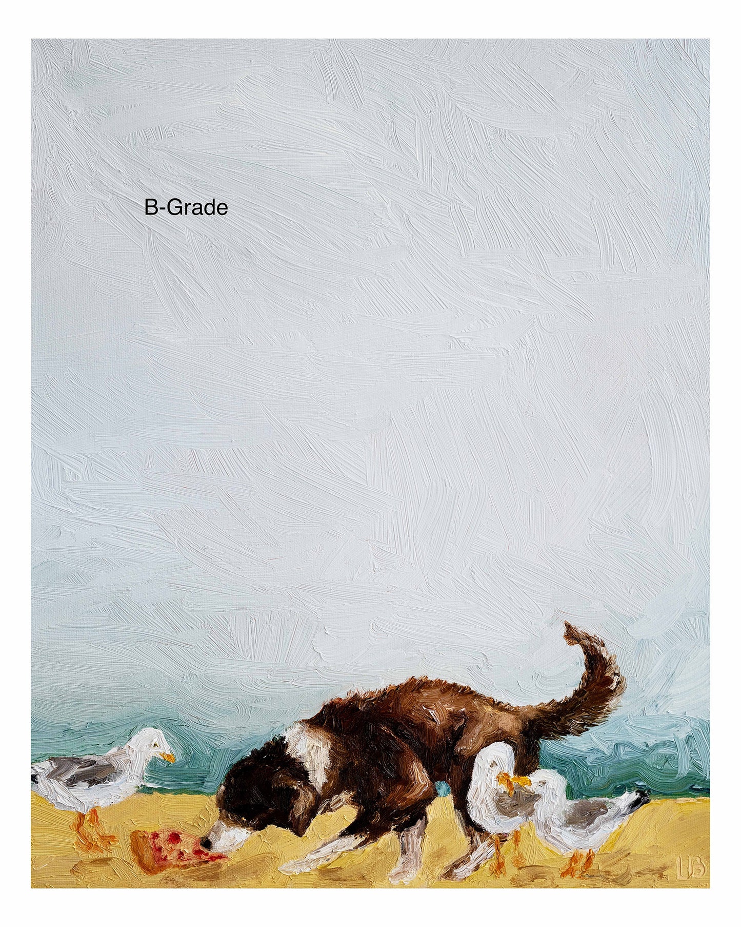 The Beach Day B-Grade Print by Leah Boyd features a brown and white dog eating on the ground, three white seagulls nearby, with a pale sky and blue horizon. "B-Grade" is marked in the upper left of this unique 8x10 artwork.