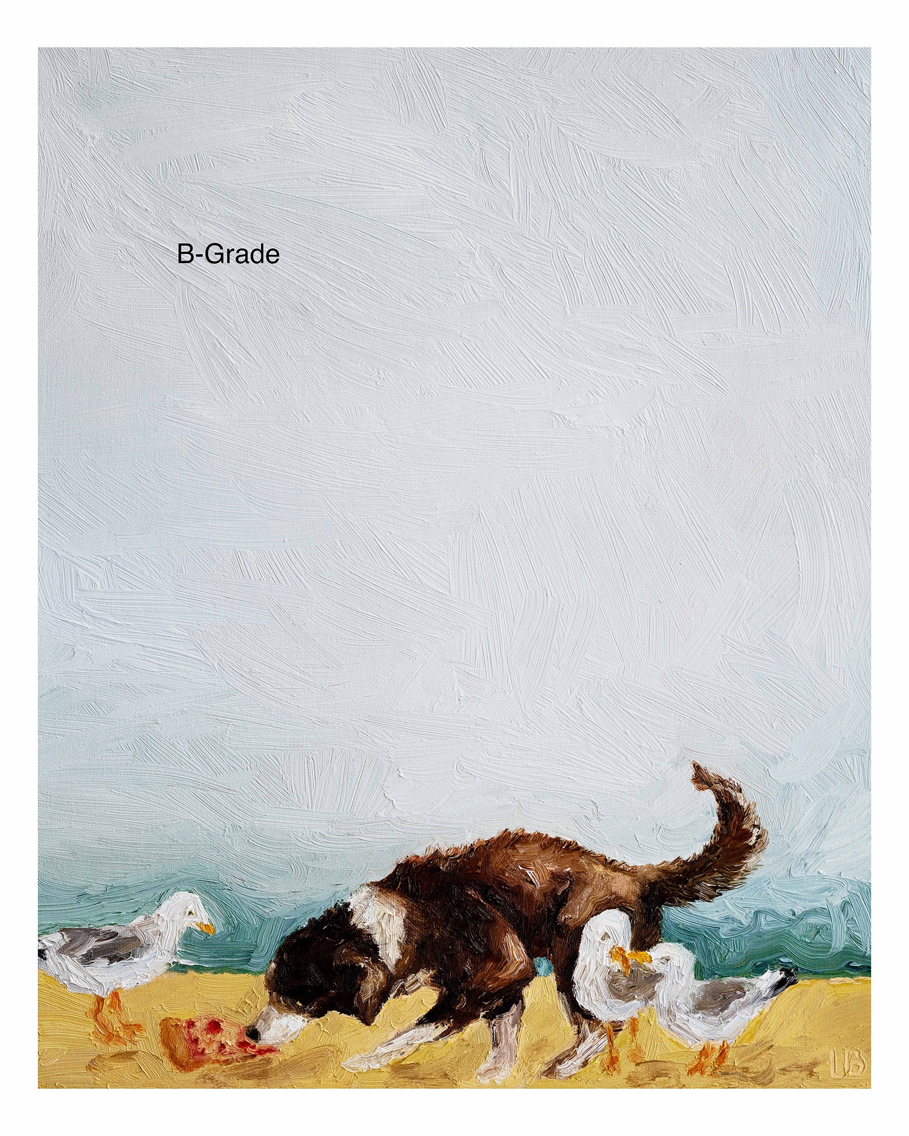 The Beach Day B-Grade Print by Leah Boyd features a brown and white dog eating on the ground, three white seagulls nearby, with a pale sky and blue horizon. "B-Grade" is marked in the upper left of this unique 8x10 artwork.