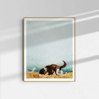 Beach Day" by Leah Boyd is a framed oil on canvas featuring a dark brown and white dog sniffing the ground beside three white birds, displayed against a light wall with gentle shadows.