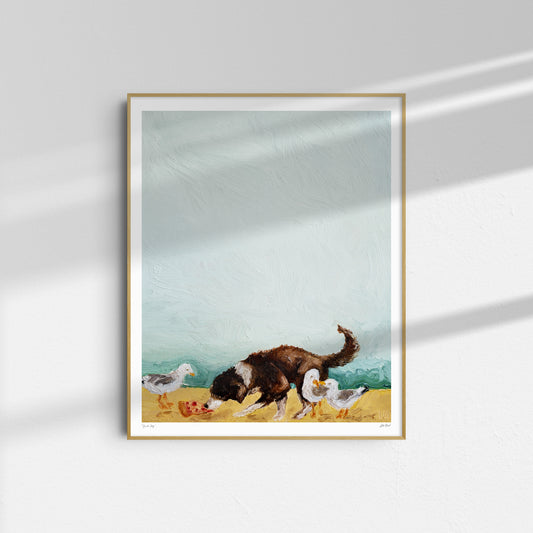 Beach Day" by Leah Boyd is a framed oil on canvas featuring a dark brown and white dog sniffing the ground beside three white birds, displayed against a light wall with gentle shadows.
