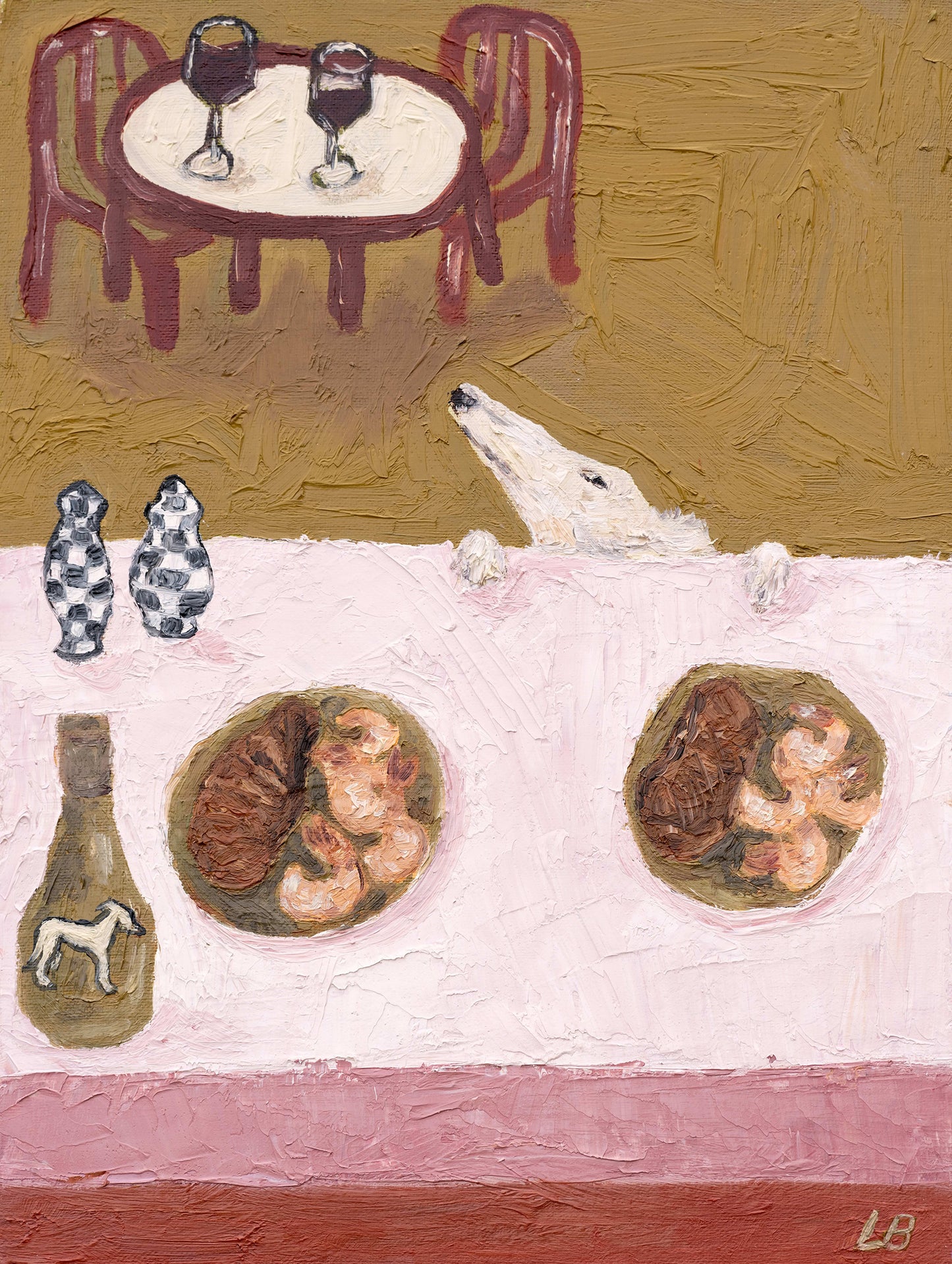 Dinner for One no. 6: Surf & Turf by Leah Boyd is an original oil on canvas of a white dog peeking over a dining table with steak, shrimp, wine, and shakers in a walnut floater frame. Two glasses of red wine sit on a round table in the background.