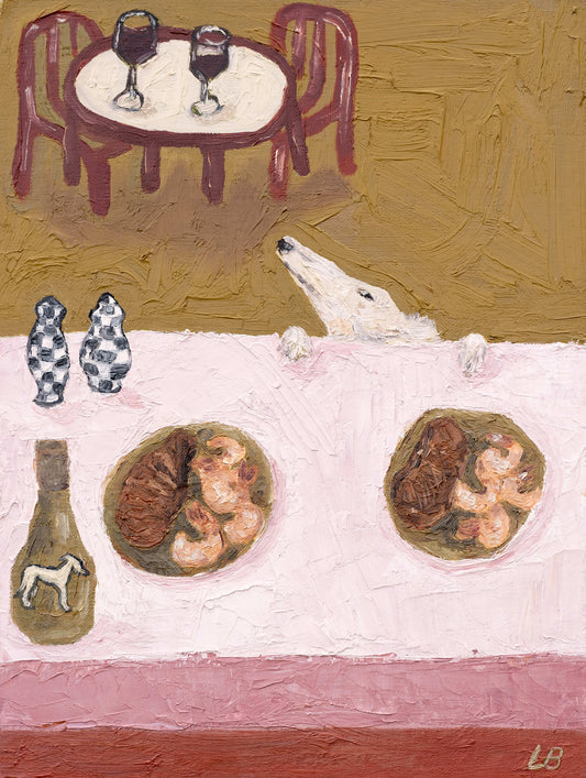 Dinner for One no. 6: Surf & Turf by Leah Boyd is an original oil on canvas of a white dog peeking over a dining table with steak, shrimp, wine, and shakers in a walnut floater frame. Two glasses of red wine sit on a round table in the background.
