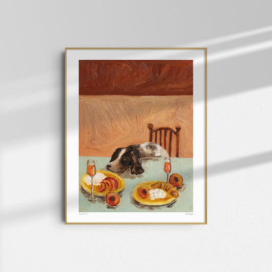 Sunny Mornings" by Leah Boyd is a framed oil on canvas painting featuring a dog resting its head on a table with pancakes, whipped cream, peaches, and drinks. A wooden chair and textured background add warmth as the frame's shadow falls on a white wall.