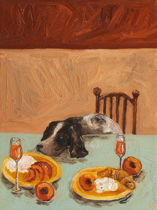 "Sunny Mornings" by Leah Boyd is a unique, signed oil painting featuring a brown and white dog resting its head on a food-laden dining table with peaches and mimosas. Paint application is thick and textural.