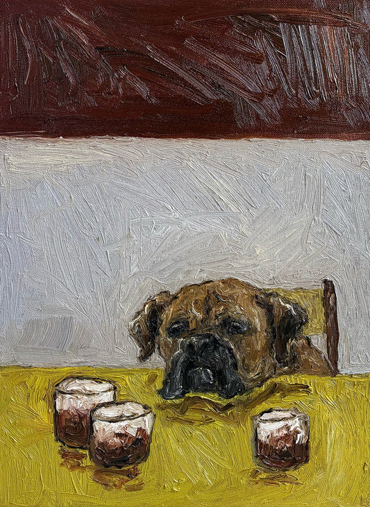 White Russian by Leah Boyd is an original oil painting featuring a sad brown dog at a yellow table with three cups, set against a textured maroon and gray banded background, signed on canvas.