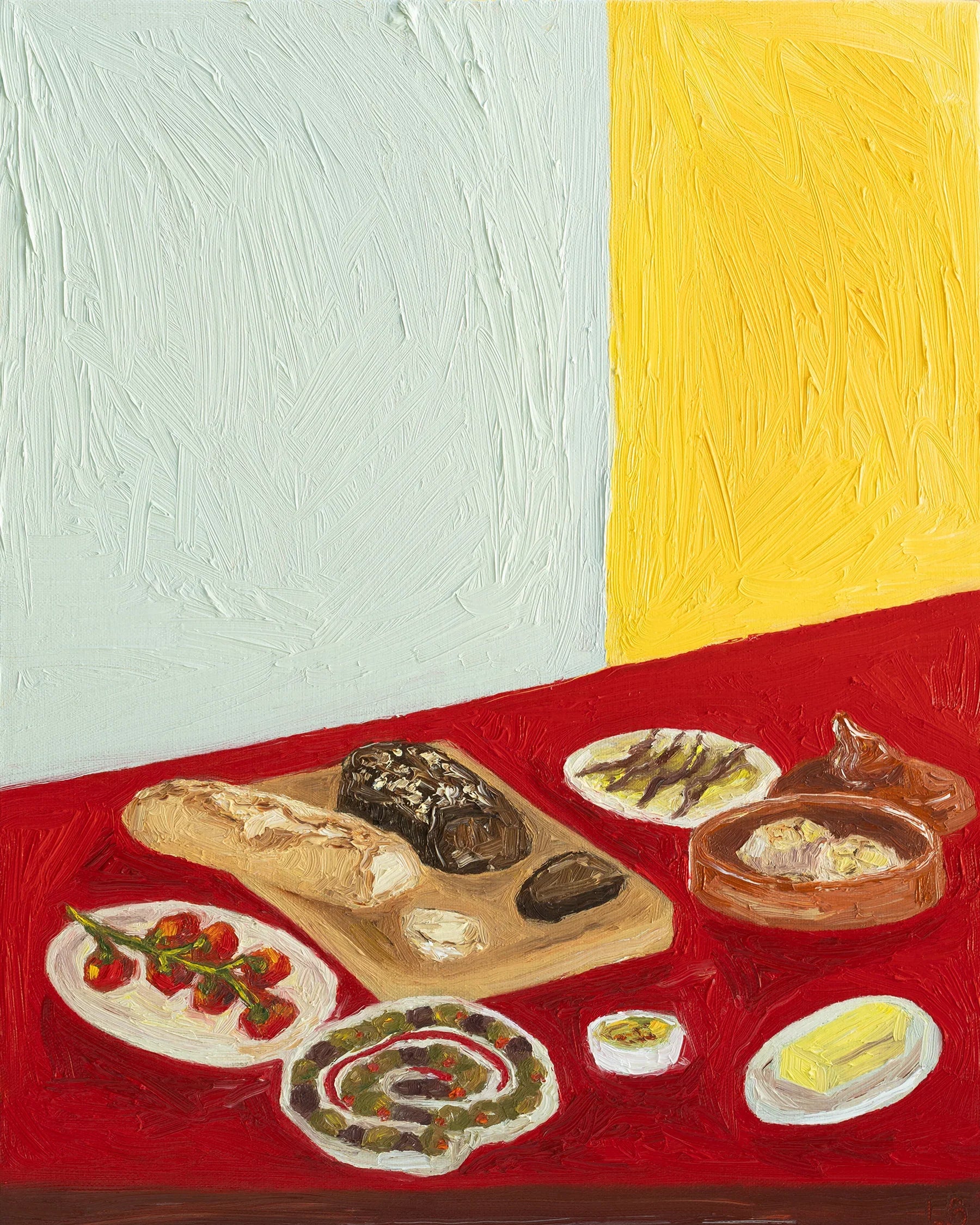 "Fresh Bread" original oil painting by Leah Boyd features a table with anchovies, tomatoes, olives, butter, and garlic and small dishes on red, set against a vivid blue and yellow background—bringing vibrant color to any space.