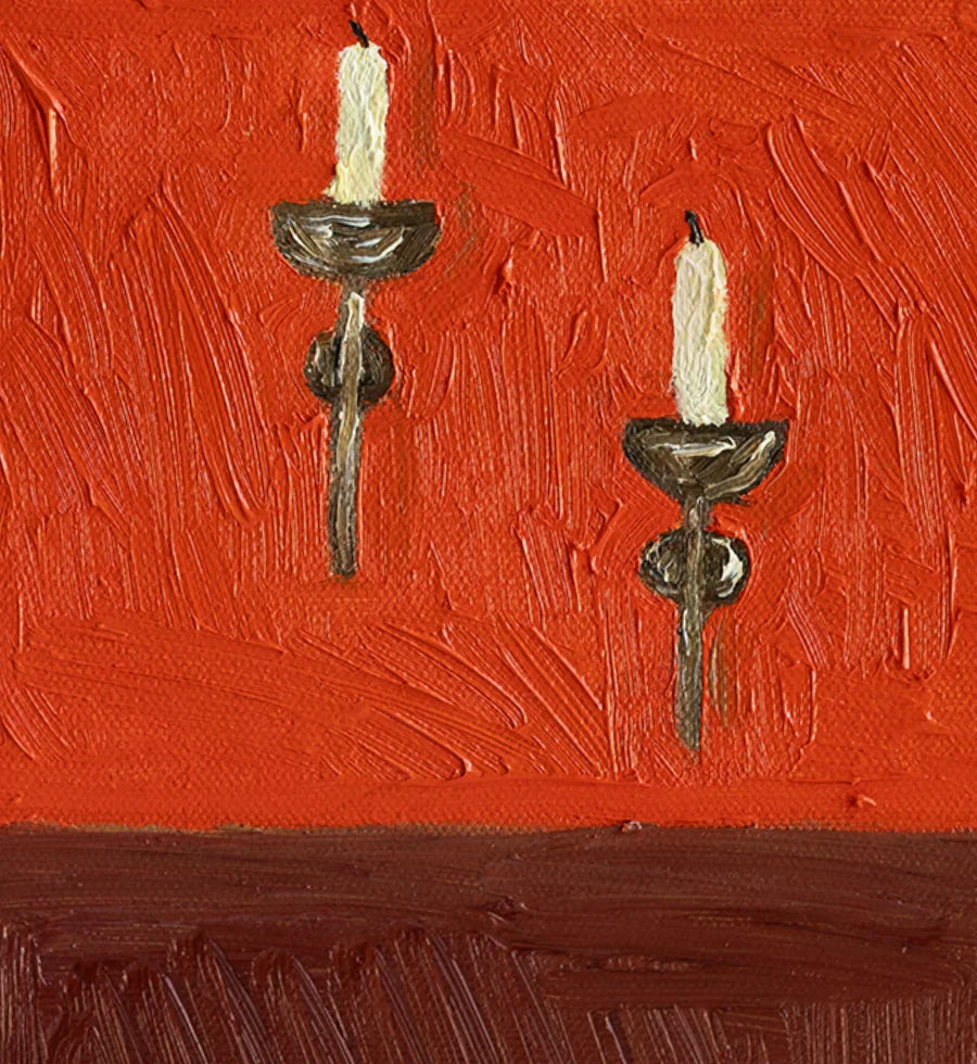 Leah Boyd’s "Dinner for One no. 13: Steak Dinner and Borzoi" is an original oil painting featuring two white candles in brown wall sconces on a textured red wall, with a brown strip of color at the bottom.