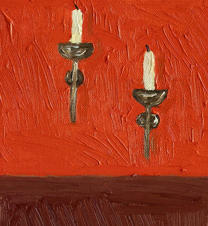 Leah Boyd’s "Dinner for One no. 13: Steak Dinner and Borzoi" is an original oil painting featuring two white candles in brown wall sconces on a textured red wall, with a brown strip of color at the bottom.