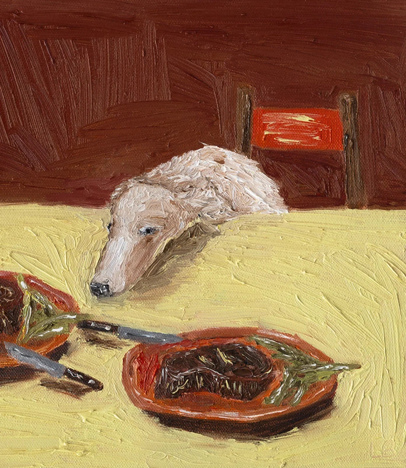 Leah Boyd’s "Dinner for One no. 13: Steak Dinner and Borzoi" depicts a white Borzoi resting its head on a yellow table, staring at two plates of steak and greens, with a brown wall on wooden chair in the background.