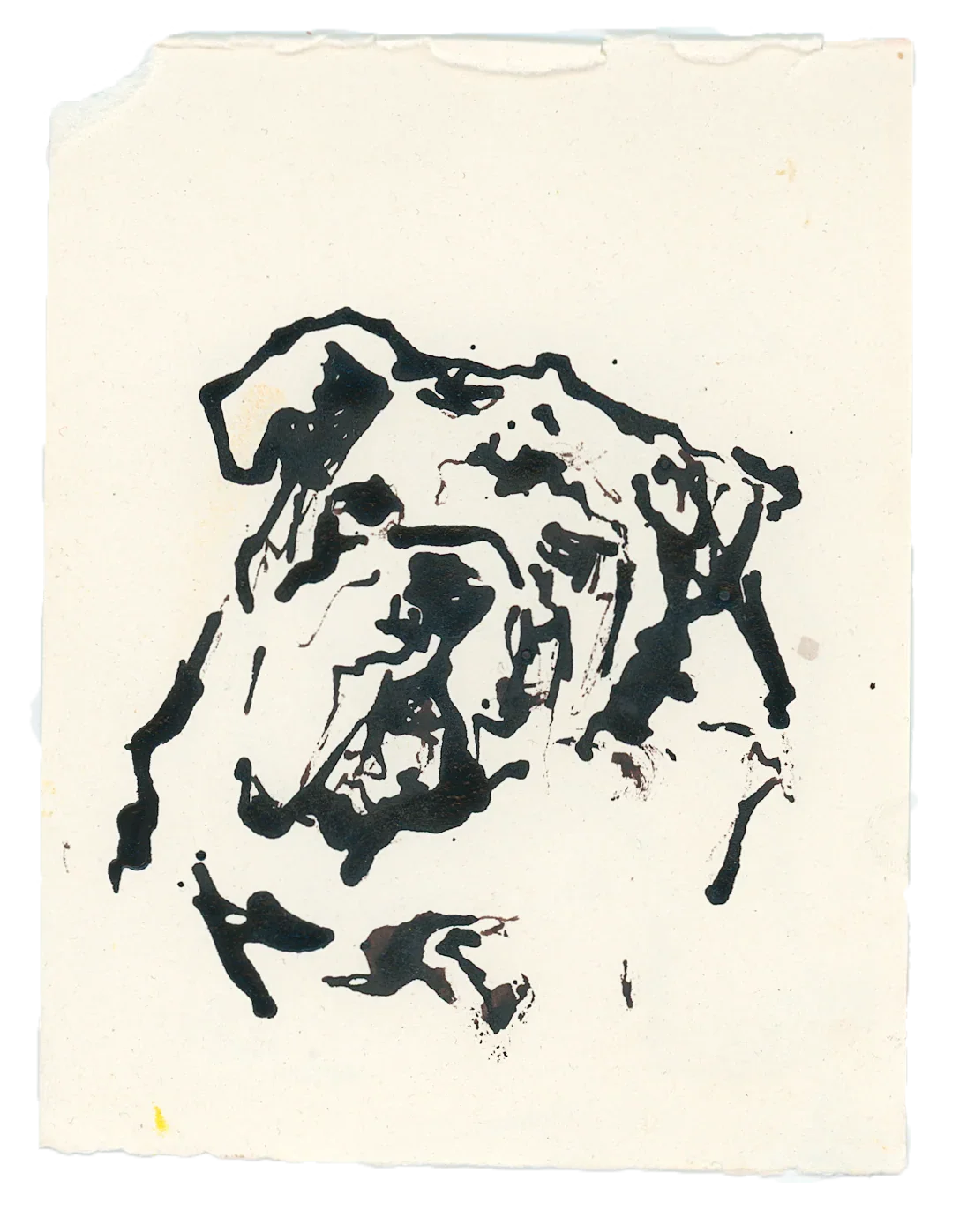 Acrylic Ink Dog no. 10 by Leah Boyd features a black ink bulldog face on worn, off-white watercolor paper with rough edges, using bold lines and minimal detail for expressive custom dog art.