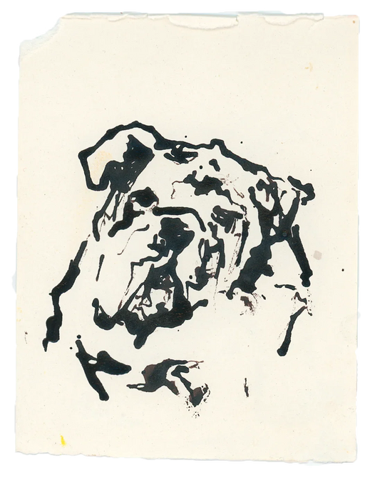 Acrylic Ink Dog no. 10 by Leah Boyd features a black ink bulldog face on worn, off-white watercolor paper with rough edges, using bold lines and minimal detail for expressive custom dog art.