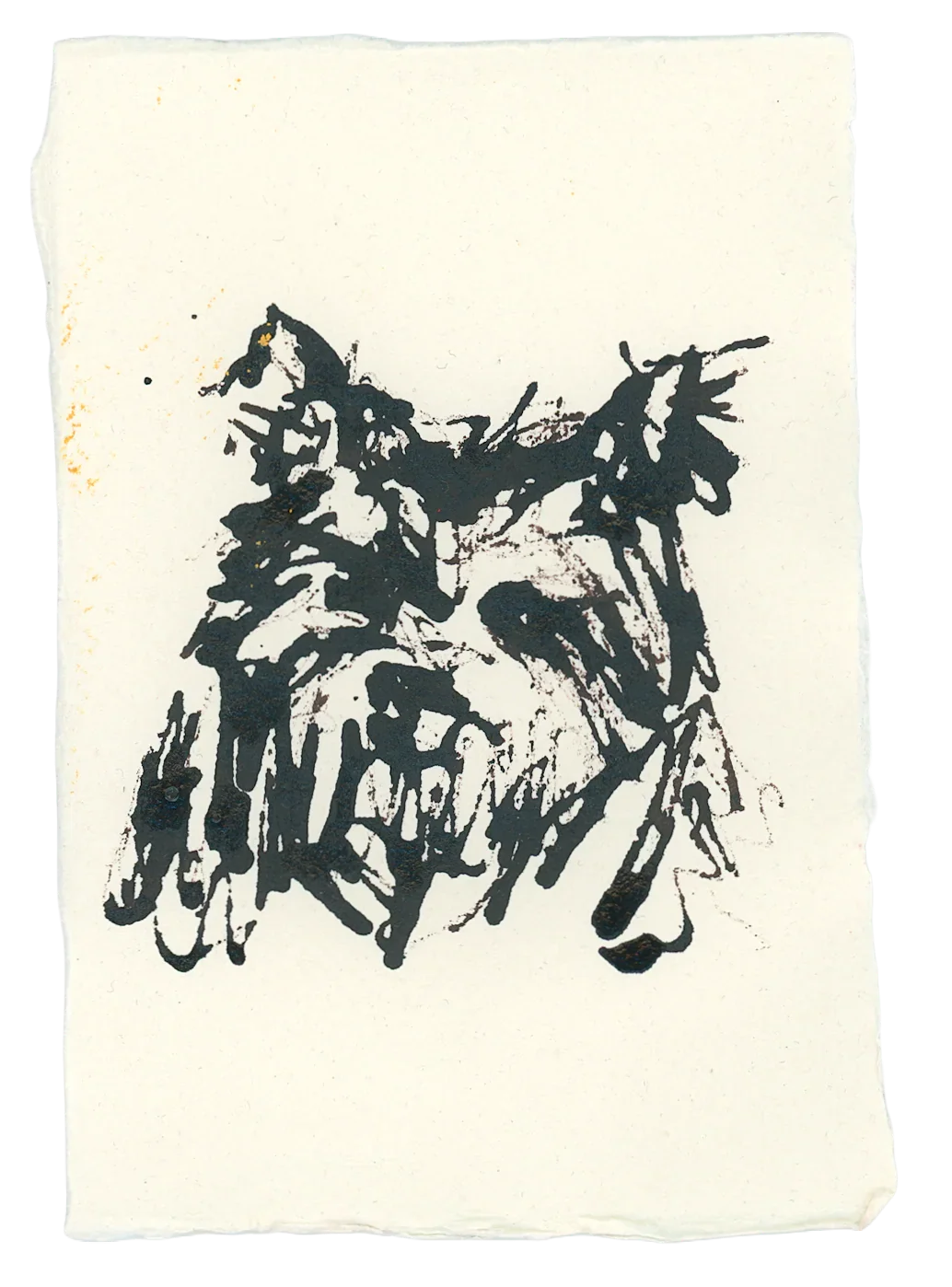 Acrylic Ink Dog no. 11 by Leah Boyd: Expressive black ink drawing of a dog’s face with pointed ears on textured off-white watercolor paper. Abstract, bold lines, minimal detail. Includes certificate of authenticity.