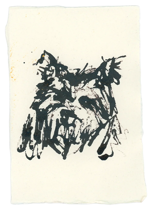 Acrylic Ink Dog no. 11 by Leah Boyd: Expressive black ink drawing of a dog’s face with pointed ears on textured off-white watercolor paper. Abstract, bold lines, minimal detail. Includes certificate of authenticity.
