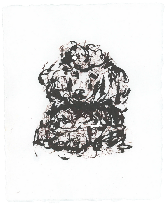 Acrylic Ink Dog no. 12 by Leah Boyd features a fluffy dog with curly fur, drawn in loose acrylic ink lines on white watercolor paper. The forward-facing, abstract artwork includes a certificate of authenticity.