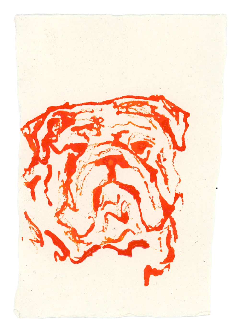Acrylic Ink Dog no. 15 by Leah Boyd features a simple, stylized red bulldog face on textured watercolor paper, creating striking contrast with the off-white background.