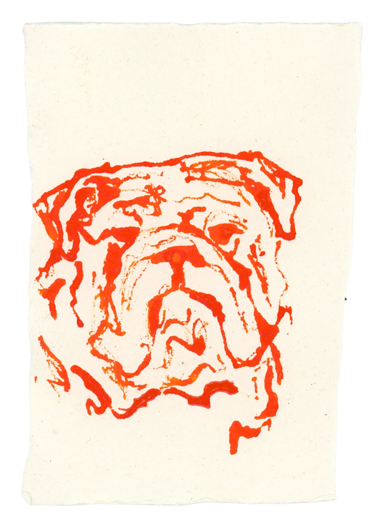 Acrylic Ink Dog no. 15 by Leah Boyd features a simple, stylized red bulldog face on textured watercolor paper, creating striking contrast with the off-white background.