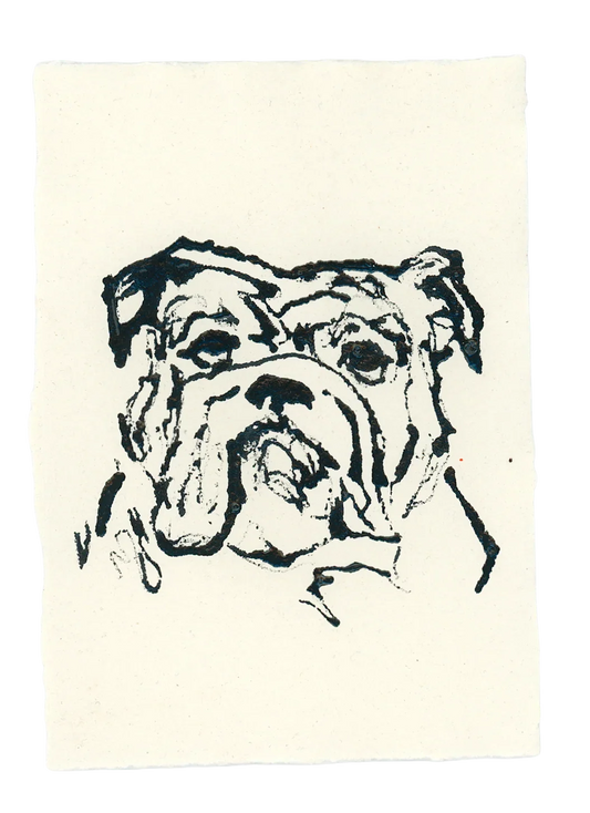 Acrylic Ink Dog no.20 by Leah Boyd features a black acrylic ink drawing of a bulldog’s face on off-white textured watercolor paper, with expressive lines and prominent wrinkles—an ideal piece of custom dog art.