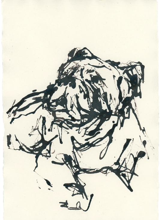 Acrylic Ink Dog no. 16 by Leah Boyd: Loose, abstract ink sketch of a bulldog lying down, featuring bold black acrylic ink lines on light watercolor paper. Captures the dog's wrinkled face and relaxed pose. Includes certificate of authenticity.