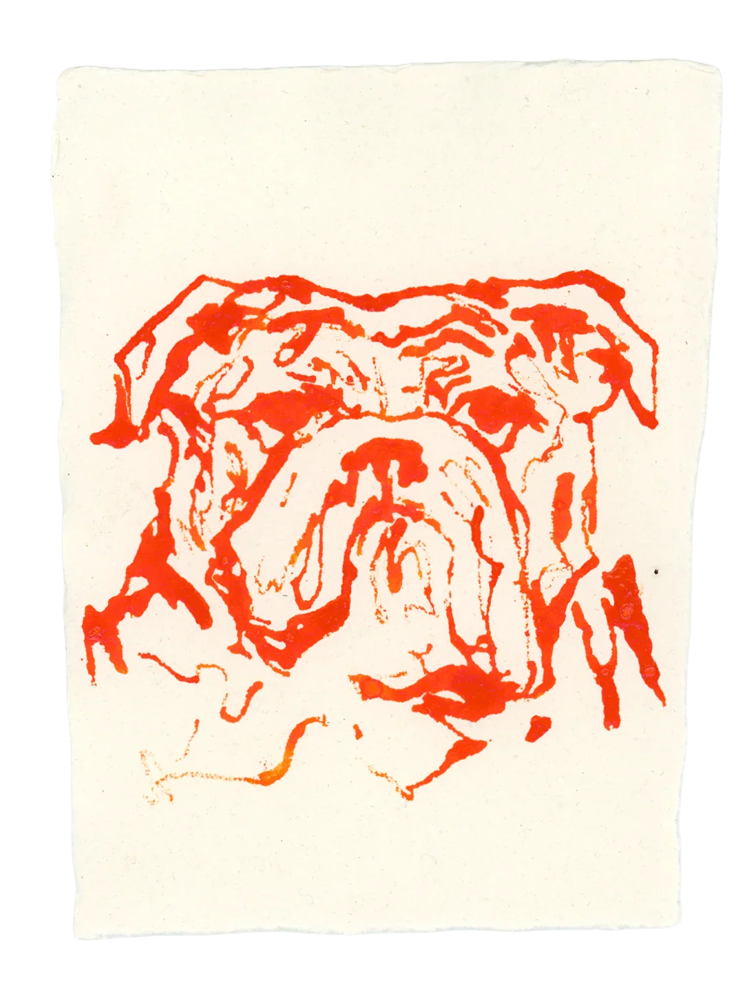 Acrylic Ink Dog no. 17 by Leah Boyd features a stylized bulldog face in orange acrylic ink on textured, off-white paper—loose, expressive lines make this custom pet art perfect for gifting or framing; certificate of authenticity included.