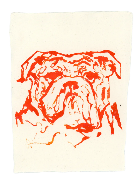 Acrylic Ink Dog no. 17 by Leah Boyd features a stylized bulldog face in orange acrylic ink on textured, off-white paper—loose, expressive lines make this custom pet art perfect for gifting or framing; certificate of authenticity included.
