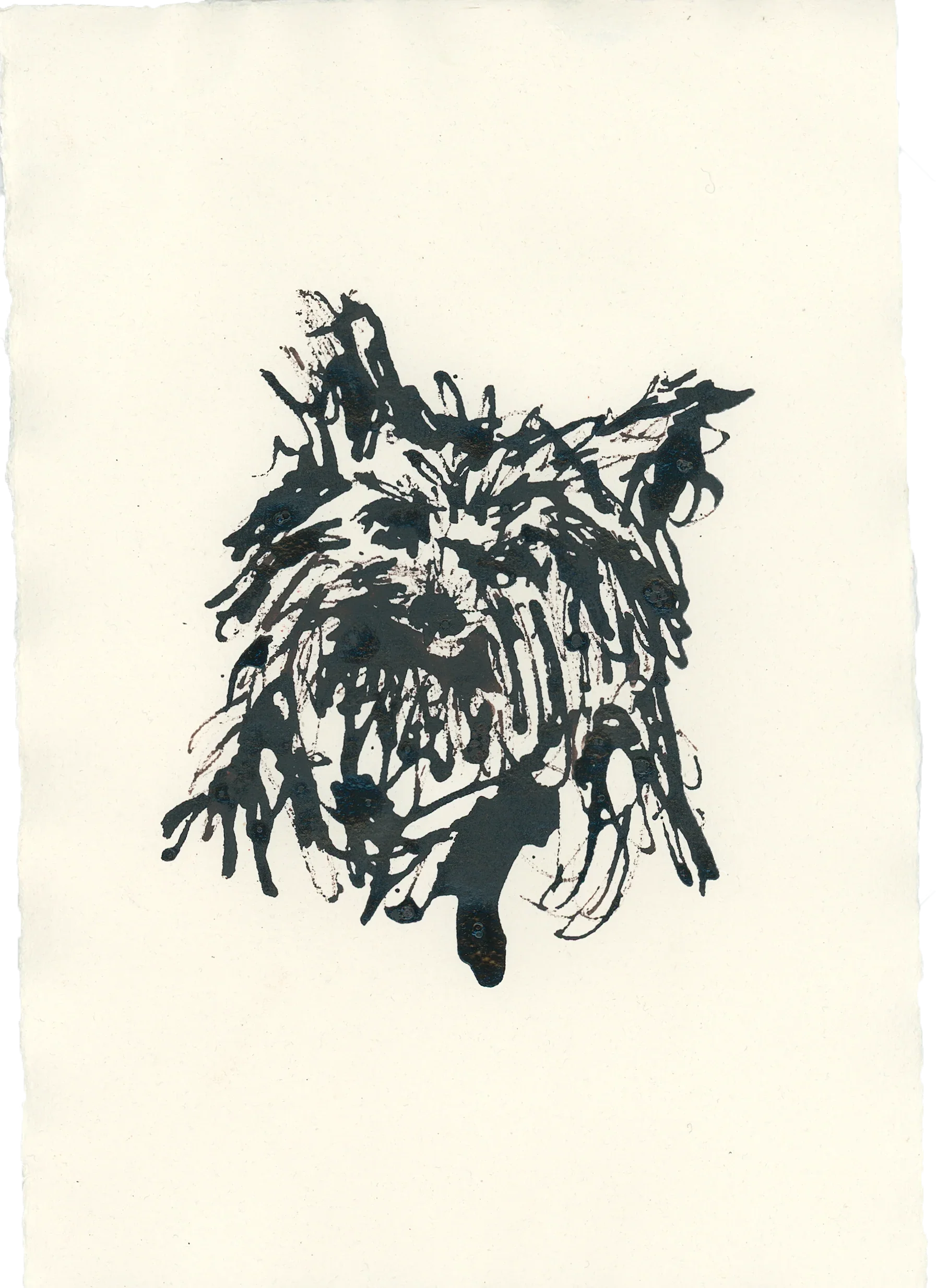 Leah Boyd's "Acrylic Ink Dog no. 18" features dynamic black acrylic ink on off-white watercolor paper, forming an expressive, textured face or animal head with jagged lines and energetic brushstrokes.
