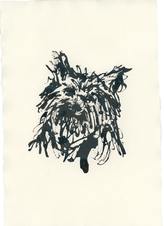 Leah Boyd's "Acrylic Ink Dog no. 18" features dynamic black acrylic ink on off-white watercolor paper, forming an expressive, textured face or animal head with jagged lines and energetic brushstrokes.
