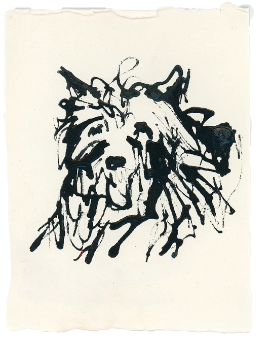 Acrylic Ink Dog no. 5 by Leah Boyd features expressive black ink lines on textured white paper, suggesting a shaggy dog's face. This artwork has rough edges and includes a certificate of authenticity.