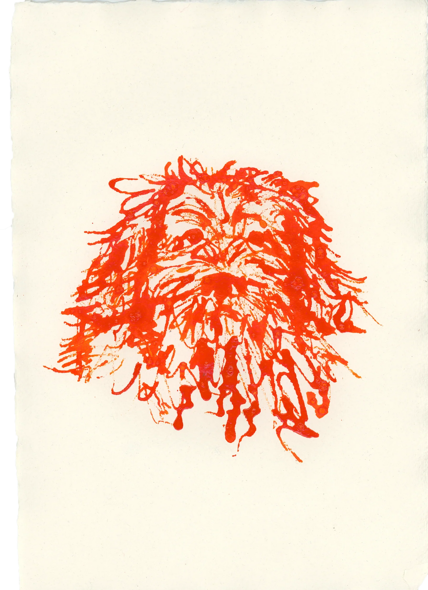 Acrylic Ink Dog no. 19 by Leah Boyd is a bright orange, abstract dog portrait with loose lines on acrylic ink over watercolor paper—ideal for fans of custom dog art on an off-white background.