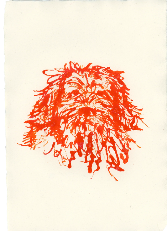 Acrylic Ink Dog no. 19 by Leah Boyd is a bright orange, abstract dog portrait with loose lines on acrylic ink over watercolor paper—ideal for fans of custom dog art on an off-white background.