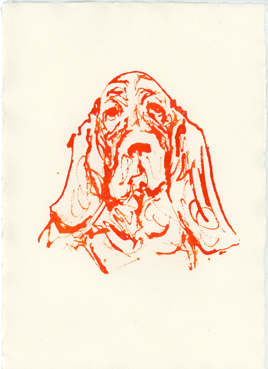 Acrylic Ink Dog no.21 by Leah Boyd: A loose red line sketch of a droopy-eared dog on off-white paper, featuring expressive minimalism that highlights the dog’s face and ears—ideal for custom dog art fans.