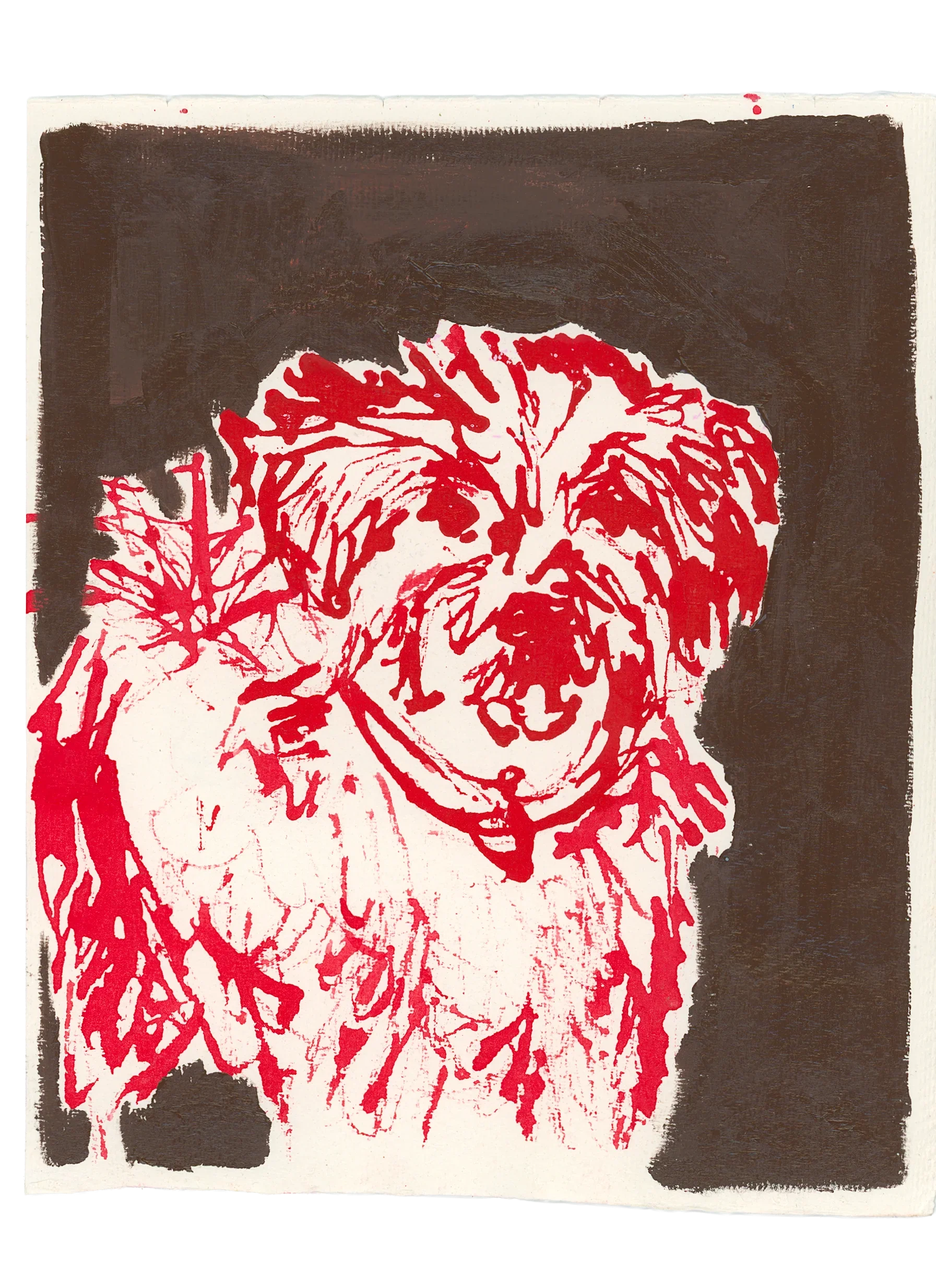 Acrylic Ink Dog no.1 by Leah Boyd features a stylized red and white fluffy dog on a dark brown background. This personalized pet art captures a happy pup with perked ears—a unique acrylic ink portrait.