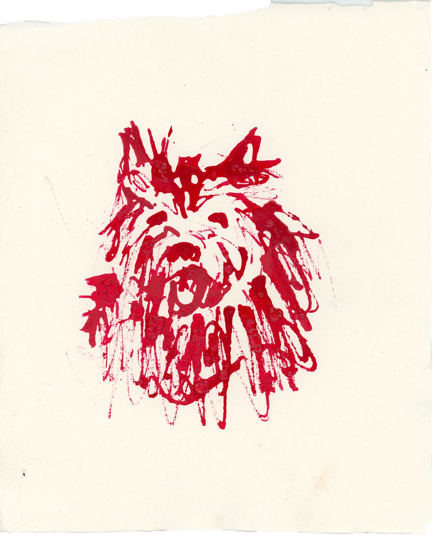 Acrylic Ink Dog no. 4 by Leah Boyd features a red ink sketch of a happy, barking dog with shaggy fur, drawn in an expressive style on textured off-white paper.