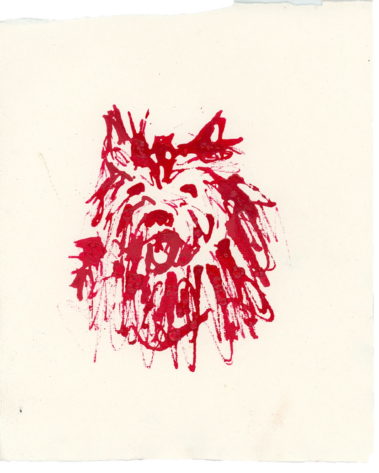 Acrylic Ink Dog no. 4 by Leah Boyd features a red ink sketch of a happy, barking dog with shaggy fur, drawn in an expressive style on textured off-white paper.