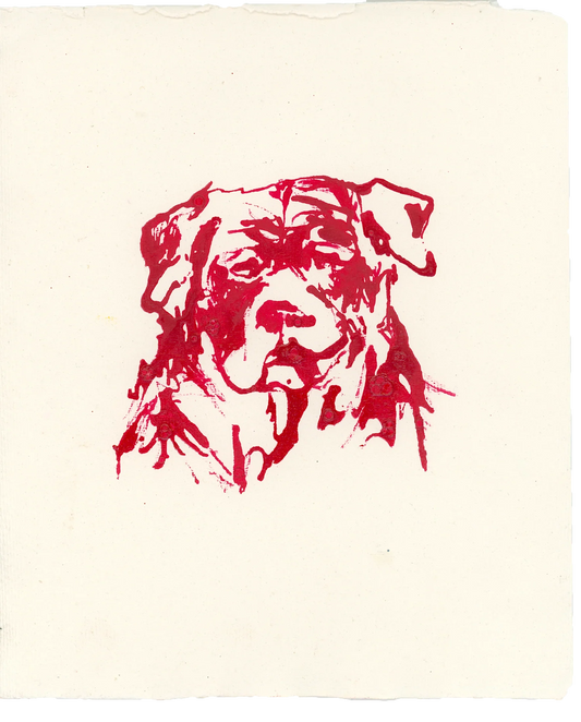 Acrylic Ink Dog no. 6 by Leah Boyd is a loose, expressive red ink portrait of a dog’s head on off-white textured paper, capturing a serious expression. Includes certificate of authenticity.
