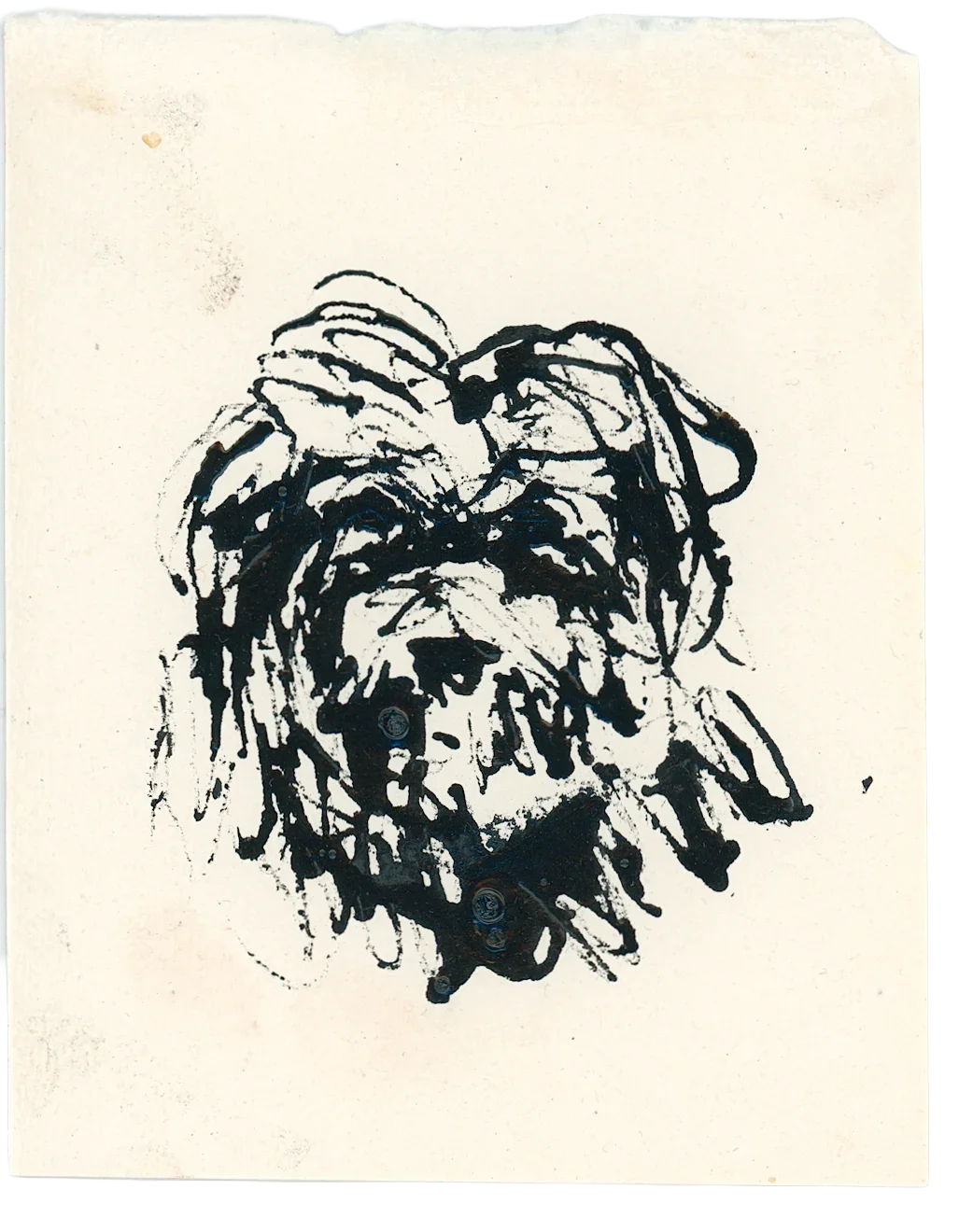 Acrylic Ink Dog no. 7 by Leah Boyd features an expressive ink sketch of a shaggy dog’s face in black acrylic ink on rough, off-white watercolor paper with uneven edges and a plain background.