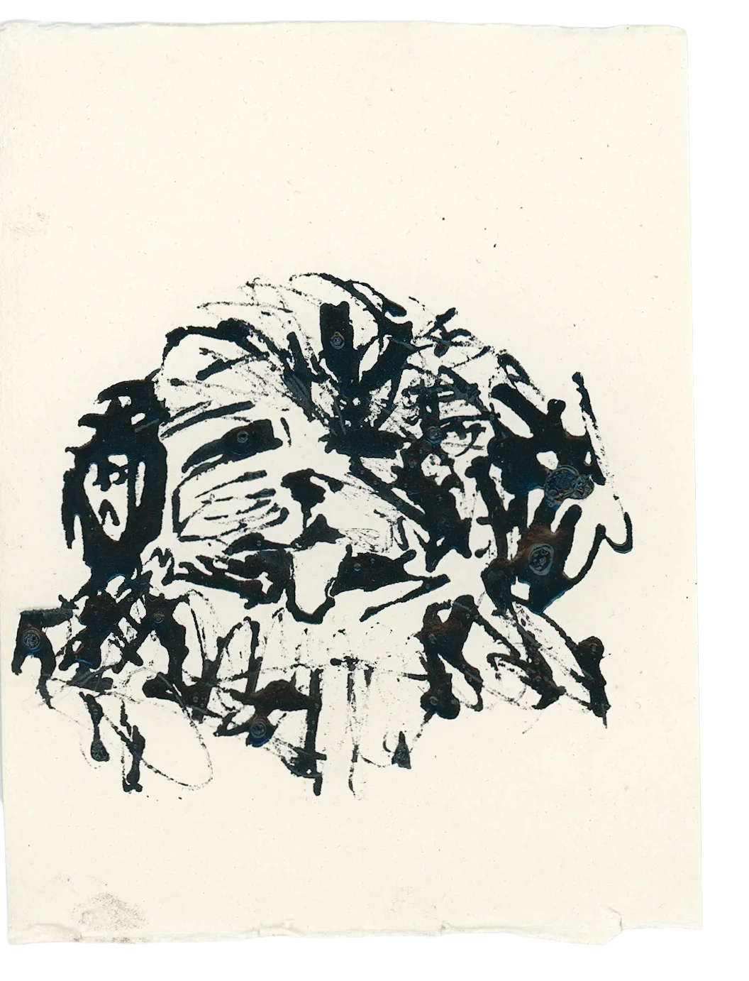 Acrylic Ink Dog no. 3 by Leah Boyd is a custom dog portrait featuring a black ink sketch with loose, expressive lines on off-white paper, capturing abstract but recognizable details and furry texture.