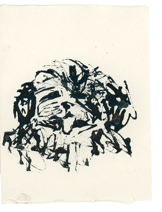 Acrylic Ink Dog no. 3 by Leah Boyd is a custom dog portrait featuring a black ink sketch with loose, expressive lines on off-white paper, capturing abstract but recognizable details and furry texture.
