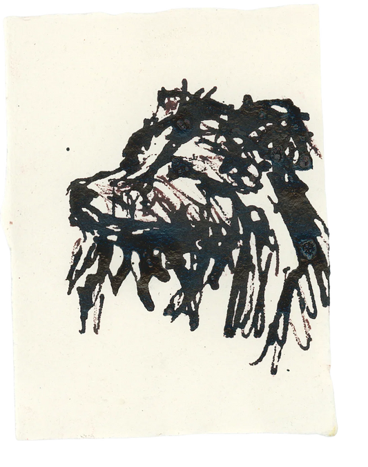 Acrylic Ink Dog no. 2 by Leah Boyd features expressive black ink on off-white paper, capturing a dynamic dog head with bold brush strokes and sketch-like lines for a vivid, abstract effect.