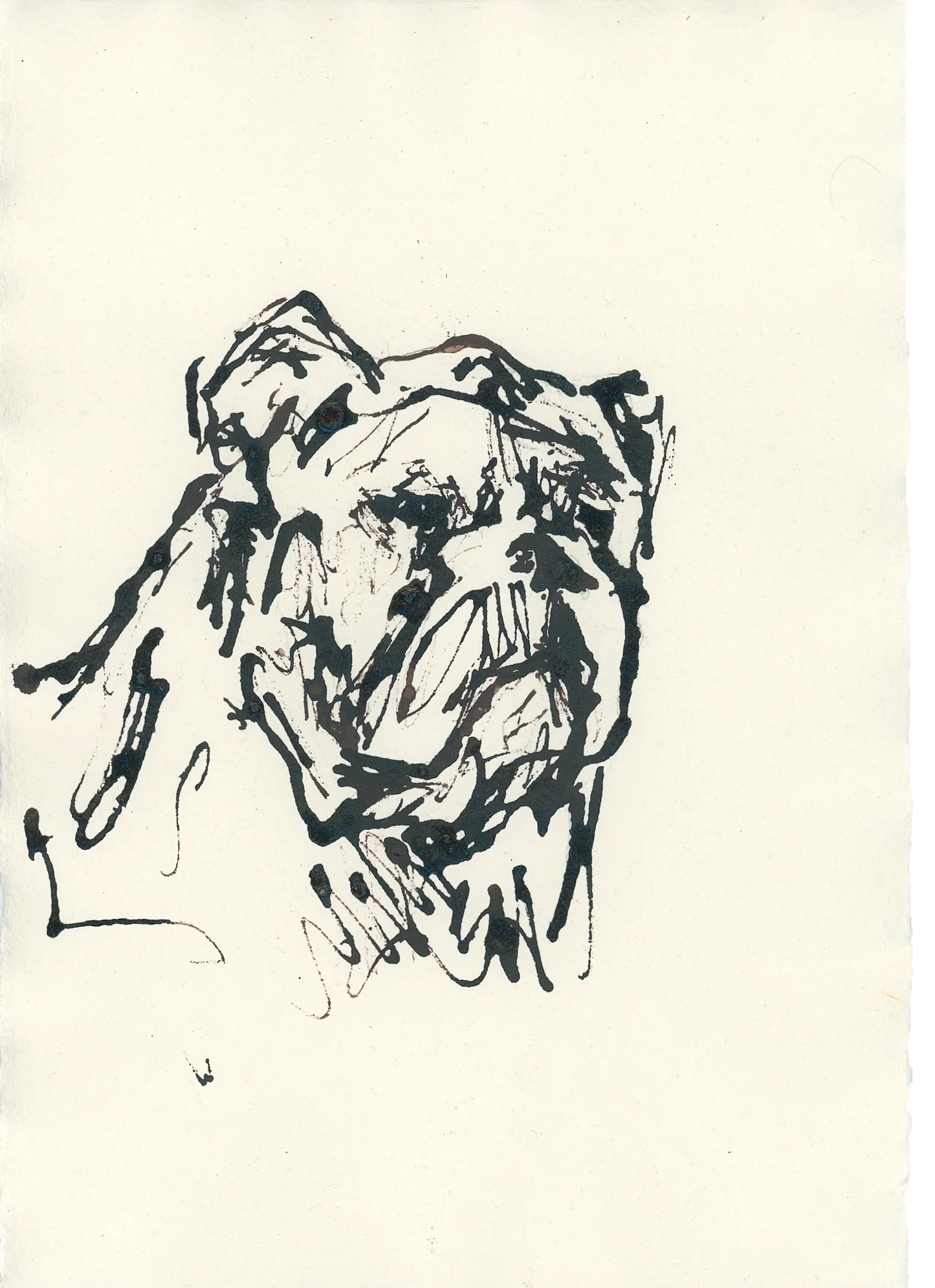 Acrylic Ink Dog no. 9 by Leah Boyd is a loose ink sketch of a bulldog’s face on off-white paper, featuring bold lines and expressive details. Perfect for custom pet art fans. Includes certificate of authenticity.