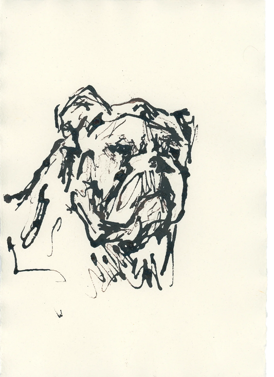 Acrylic Ink Dog no. 9 by Leah Boyd is a loose ink sketch of a bulldog’s face on off-white paper, featuring bold lines and expressive details. Perfect for custom pet art fans. Includes certificate of authenticity.