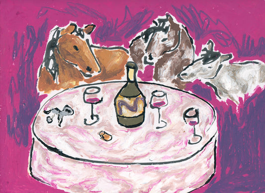 Horsing Around" by Leah Boyd features three brown and white horses around a pink table with wine and glasses, set against a vivid magenta backdrop—a vibrant, original oil pastel ideal for art collectors.