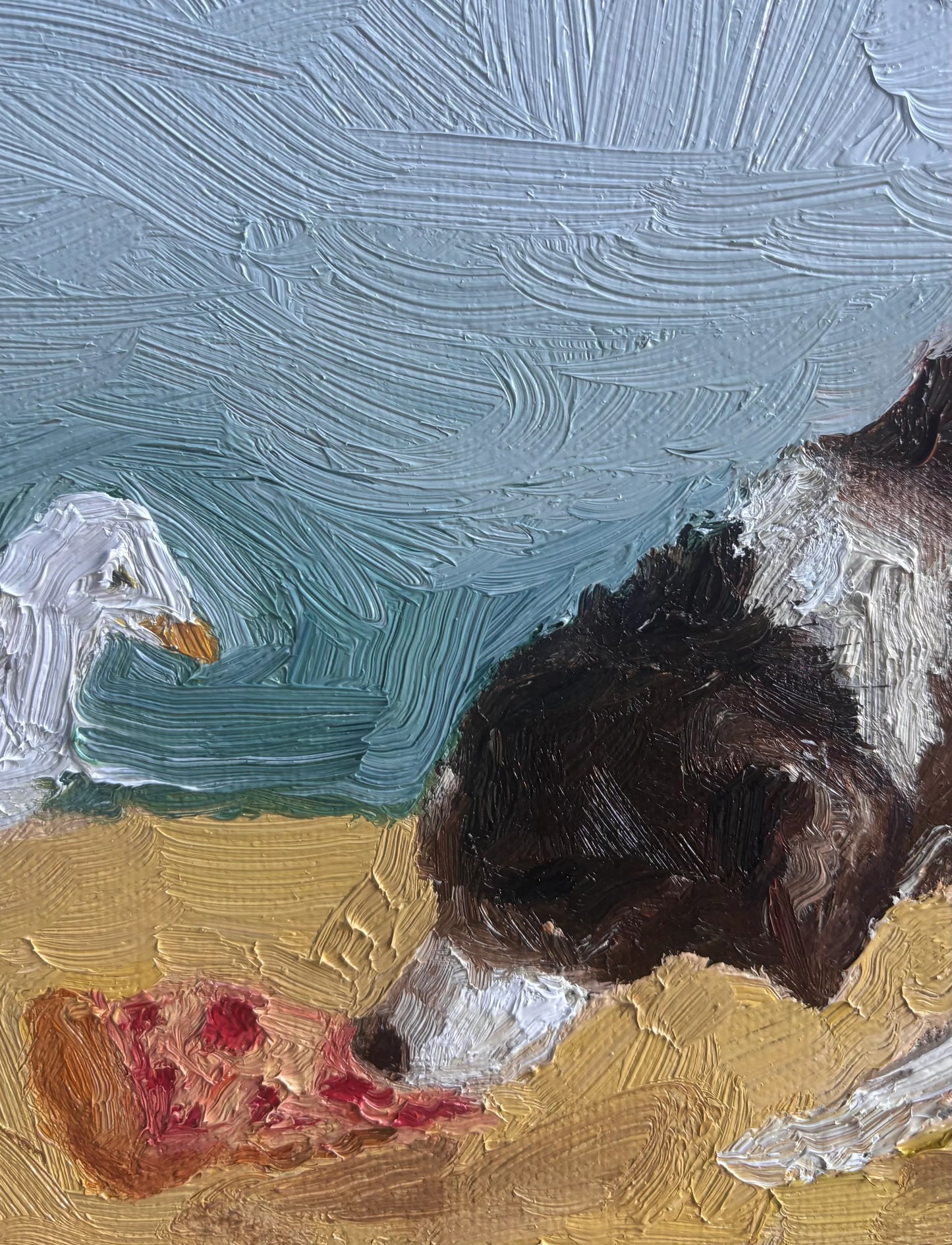 "Beach Day" by Leah Boyd features a dog eating pizza on sandy shore, watched by a seagull. Bold brushstrokes create lively texture.