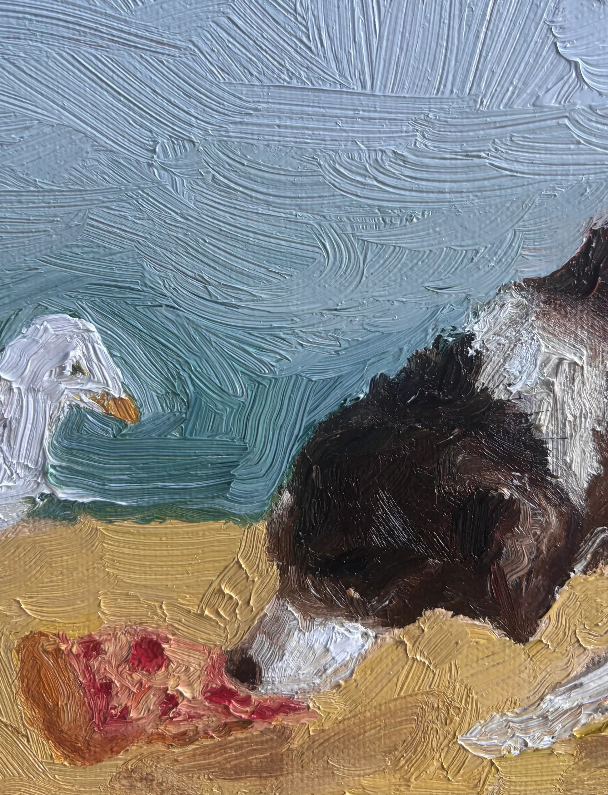 "Beach Day" by Leah Boyd features a dog eating pizza on sandy shore, watched by a seagull. Bold brushstrokes create lively texture.