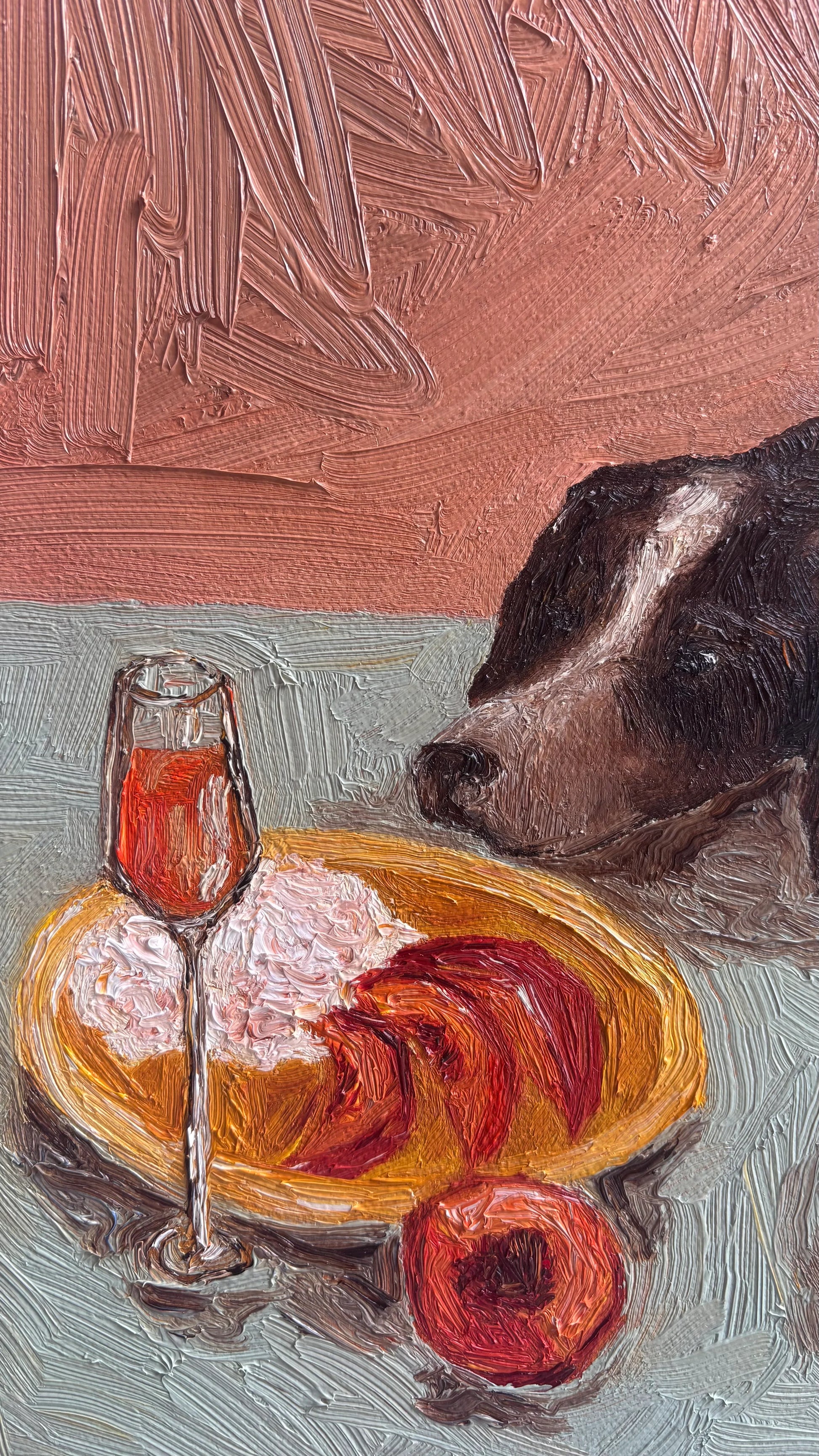 Sunny Mornings" by Leah Boyd is a signed oil painting showcasing a dark dog with its head on a table near sliced peaches, a glass of rosé, and a whole peach, all set against a pinkish background with expressive brushstrokes.