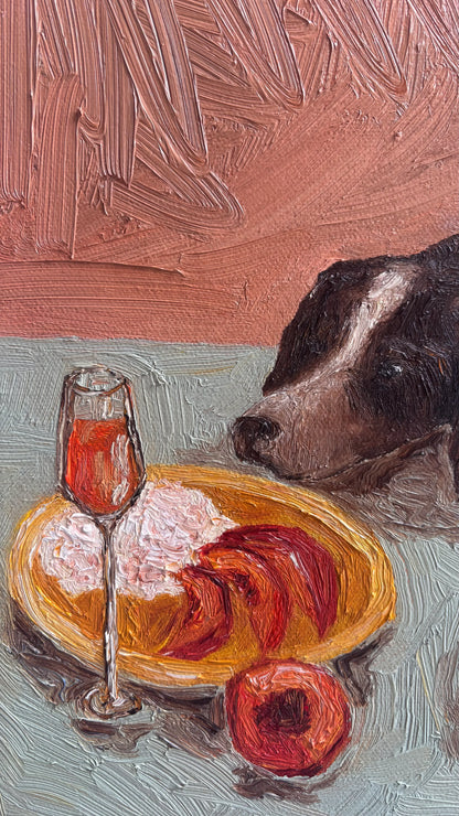 Sunny Mornings" by Leah Boyd is a signed oil painting showcasing a dark dog with its head on a table near sliced peaches, a glass of rosé, and a whole peach, all set against a pinkish background with expressive brushstrokes.