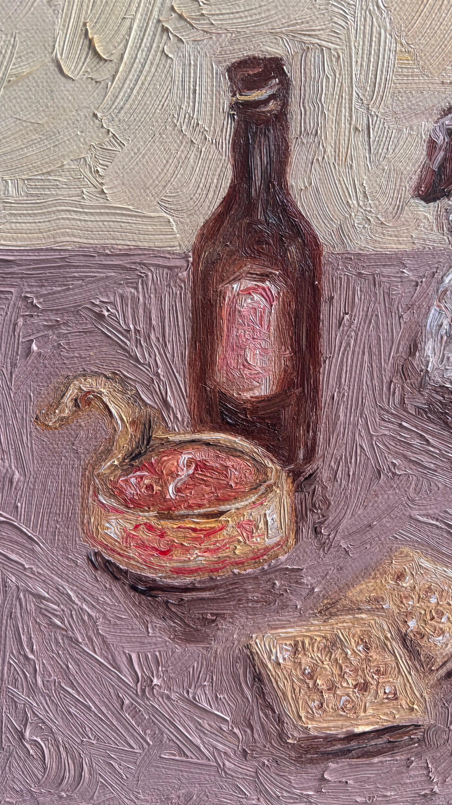 A close-up of "After Work Blues," an original oil painting by Leah Boyd showing a beer bottle, tune can, and crackers on textured mauve table. Expressive brushstrokes; ready to hang with certificate of authenticity.