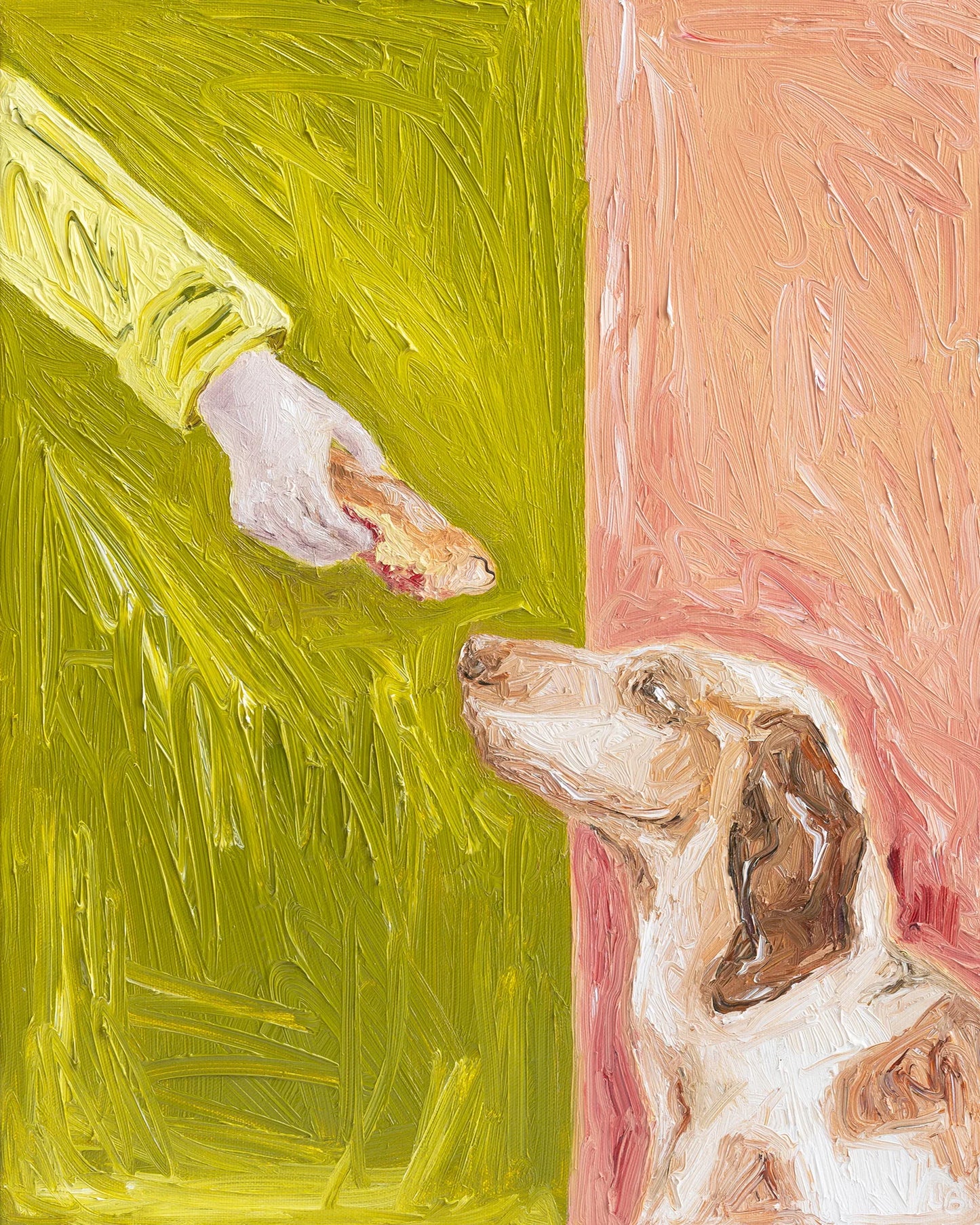 Table Scraps" by Leah Boyd is an original oil painting on canvas depicting a hand in a yellow sleeve offering a treat to a brown and white dog against a green and pink textured background.